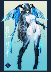 Rule 34 | 1girl, arthropod girl, blue background, blue border, blue skin, blue wings, body markings, border, breasts, carapace, closed mouth, colored skin, commentary request, covered eyes, facing viewer, full body, gradient background, hand on own thigh, highres, insect wings, large breasts, mabo9317, monster girl, nipples, original, outside border, solo, translation request, wings