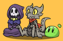 bandana beak blush crown deviantart dragon dragon_horns dragon_tail eyelashes horns kobold kobold_(rakkuguy) lime_(rakkuguy) monster_girl monsters_can_be_heroes_to orange_background original purple_robe rakkuguy robe shelly simple_background sitting skeleton slime_(creature) slime_girl tail