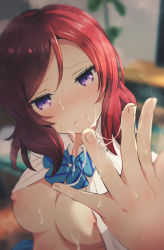 Rule 34 | 1girl, 3:, after paizuri, afterimage, asou (asabu202), blouse, blue bow, blue bowtie, blurry, blurry background, blush, bow, bowtie, breasts, breasts out, closed mouth, commission, cum, cum on body, cum on breasts, cum on hands, cum on upper body, depth of field, facial, hetero, highres, looking at hand, looking at viewer, love live!, love live! school idol project, medium breasts, naked shirt, nipples, nishikino maki, no bra, open clothes, open shirt, pixiv commission, purple eyes, red hair, shirt, short hair, solo, steaming body, striped bow, striped bowtie, striped clothes, striped neckwear, swept bangs, underboob, upper body