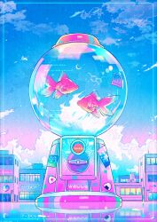 Rule 34 | building, city, cloud, coin, crescent moon, fish, goldfish, gumball machine, highres, moon, neon palette, night, night sky, no humans, original, outdoors, sky, star (sky), starry sky, wacca005