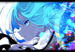 1girl black_neckwear blue_eyes blue_hair blue_theme close-up clothes_grab collared_shirt floating_hair goma_irasuto highres letterboxed looking_ahead necktie neckwear_grab original parted_lips shirt signature white_shirt