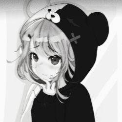 Rule 34 | 1girl, animal ears, blurry, blush, brown background, chinese commentary, closed mouth, commentary request, danganronpa (series), fake animal ears, greyscale, hair ornament, hairclip, hands up, highres, hood, hood up, long sleeves, medium hair, monochrome, monokuma, original, pink ribbon, portrait, ribbon, solo, two-tone hoodie, white background, yuki-ji-chan