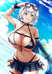 Rule 34 | 1girl, bare shoulders, bikini, blush, breasts, cleavage, collarbone, commentary request, green eyes, highres, hololive, ibara azuki, large breasts, looking at viewer, navel, revision, shirogane noel, shirogane noel (summer 2020), short hair, silver hair, smile, solo, swimsuit, thighs, virtual youtuber