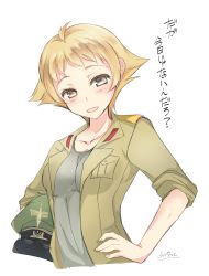 Rule 34 | 10s, 1girl, abenattou, artist name, blonde hair, brown eyes, brown jacket, brown shirt, casual, cropped torso, erwin (girls und panzer), girls und panzer, goggles, goggles on headwear, green hat, hat, holding, holding clothes, holding hat, jacket, long sleeves, looking at viewer, military, military hat, military jacket, military uniform, open clothes, open jacket, open mouth, peaked cap, pointy hair, shirt, short hair, signature, simple background, sketch, smile, solo, standing, translated, uniform, unworn hat, unworn headwear, upper body, white background