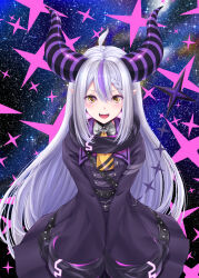 Rule 34 | 1girl, ahoge, ascot, black coat, black horns, braid, braided bangs, buttons, coat, collar, demon girl, demon horns, double-breasted, fangs, grey hair, highres, hololive, horns, la+ darknesss, long hair, looking at viewer, maho (yakimorokoshi), multicolored hair, open mouth, parted hair, pointy ears, purple hair, purple horns, sleeves past fingers, sleeves past wrists, smile, solo, streaked hair, striped horns, tail, v arms, very long hair, virtual youtuber, yellow ascot, yellow eyes
