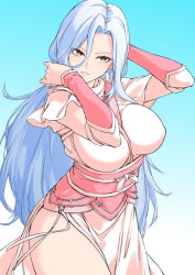 Rule 34 | 1girl, absurdres, bare legs, blue hair, breasts, character request, dress, earrings, fish.boy, gradient background, hand in own hair, highres, jewelry, large breasts, long hair, open mouth, phantom blade (game), sash, solo, teeth, thighs, upper body, white dress