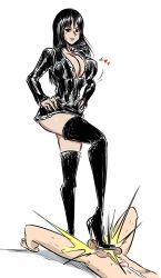 Rule 34 | 1boy, 1girl, ball busting, bdsm, black hair, boots, breasts, cbt, cleavage, clothed female nude male, cum, dress, ejaculation, erection, femdom, large breasts, legs, long hair, lying, miniskirt, nico robin, nude, ocigart, on back, one piece, penis, skirt, standing, stepping on penis, testicles, thigh boots, thighs, trample