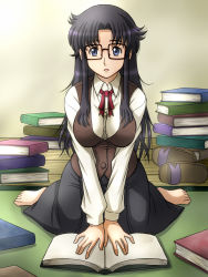 Rule 34 | 00s, 1girl, barefoot, black-framed eyewear, black hair, blue eyes, book, breasts, breasts apart, collared shirt, feet, fujii satoshi, full body, glasses, large breasts, long hair, long skirt, long sleeves, looking at viewer, messy hair, open book, open mouth, parted bangs, read or die, red ribbon, ribbon, shirt, shoes, sitting, skirt, solo, toes, v arms, vest, wariza, white shirt, yomiko readman