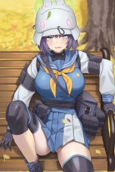 Rule 34 | 1girl, absurdres, aqua eyes, bench, black footwear, black gloves, black thighhighs, blue archive, blue sailor collar, blush, boots, breasts, day, fang, gloves, hair between eyes, halo, helmet, highres, ildy, knee pads, large breasts, leaf, neckerchief, open mouth, outdoors, pleated skirt, pouch, purple hair, sailor collar, saki (blue archive), school uniform, serafuku, short hair, single thighhigh, sitting, skin fang, skirt, solo, symbol-shaped pupils, thighhighs, tree, white headwear, yellow neckerchief