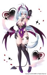 Rule 34 | 1girl, :d, arm up, armpits, bad id, bad pixiv id, bare shoulders, black gloves, black thighhighs, breasts, choker, cleavage, clothing cutout, collarbone, commentary request, demon girl, demon horns, demon tail, demon wings, elbow gloves, ephnel, full body, gloves, heart, heart-shaped lock, high heels, highleg, highleg leotard, highres, horns, large breasts, leotard, long hair, looking at viewer, multicolored hair, navel cutout, official art, open mouth, ponytail, purple eyes, purple leotard, revealing clothes, side cutout, silver hair, simple background, skindentation, smile, solo, soulworker, streaked hair, suou-sensei, tail, thigh gap, thighhighs, very long hair, watermark, white background, wings