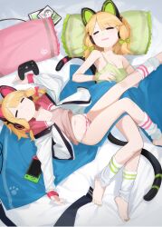Rule 34 | 2girls, absurdres, alternate costume, animal ear headphones, animal ears, blonde hair, blue archive, bow, bow panties, breasts, camisole, cat ear headphones, cat ears, cat tail, closed eyes, collarbone, commentary, controller, fake animal ears, fake tail, frilled pillow, frills, game controller, gamepad, green bow, green camisole, green nails, headphones, highres, hokushuu, jacket, leg warmers, long sleeves, low-tied sidelocks, midori (blue archive), momoi (blue archive), multiple girls, nail polish, navel, nintendo switch, open mouth, panties, pillow, pink camisole, pink panties, red bow, short hair, siblings, sisters, sleeping, small breasts, strap slip, striped clothes, striped leg warmers, striped panties, tail, toenail polish, toenails, toes, twins, underwear, white jacket, white leg warmers