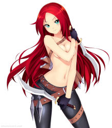 Rule 34 | 1girl, atomix, belt, belt skirt, breasts, cleavage, covering privates, covering breasts, dual wielding, green eyes, holding, image sample, katarina (league of legends), league of legends, long hair, medium breasts, navel, red hair, reverse grip, scabbard, scar, sheath, simple background, solo, sword, topless, very long hair, watermark, weapon, web address, white background