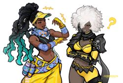 Rule 34 | 2girls, ?, absurdres, afro, alternate color, alternate costume, arm armor, armor, baggy pants, bandana around neck, bare shoulders, belly, belt, black hair, black shirt, blue hair, blue scarf, bra, breasts, cleavage, colored tips, commission, crop top, crossover, dark-skinned female, dark skin, dreadlocks, earbuds, earphones, fingerless gloves, gloves, hand on own face, happy, highres, kimberly jackson, long hair, medium breasts, midriff, multicolored hair, multiple girls, navel, no more heroes, official alternate color, one eye covered, pants, peter chai, red eyes, scarf, shinobu jacobs, shirt, shoulder armor, simple background, smile, spray can, street fighter, street fighter 6, two-tone hair, underwear, white background, white hair, yellow headwear, yellow pants