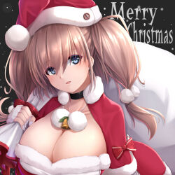 Rule 34 | 1girl, atlanta (kancolle), blue eyes, breasts, brown hair, capelet, cleavage, earrings, fur-trimmed capelet, fur-trimmed headwear, fur trim, hat, highres, holding, holding sack, jewelry, kantai collection, large breasts, long hair, merry christmas, official alternate costume, red capelet, red hat, sack, santa costume, santa hat, seiya (iiseven), single earring, solo, star (symbol), star earrings, two side up, white nails