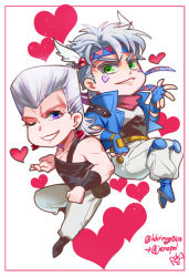 Rule 34 | 2boys, anzumame, battle tendency, blowing kiss, blue eyes, blue jacket, caesar anthonio zeppeli, chibi, earrings, feather hair ornament, feathers, fingerless gloves, flattop, gloves, green eyes, grey hair, hair ornament, headband, heart, jacket, jean pierre polnareff, jewelry, jojo no kimyou na bouken, knee pads, male focus, multiple boys, one eye closed, pink scarf, purple eyes, scarf, stardust crusaders, time paradox, trait connection, triangle print