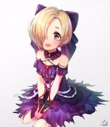 Rule 34 | 1girl, bare shoulders, blonde hair, bow, brooch, commentary request, detached collar, dress, ear piercing, earrings, flat chest, hair bow, hair over one eye, highres, idolmaster, idolmaster cinderella girls, jewelry, looking at viewer, mairo, necklace, open mouth, piercing, pink eyes, purple bow, purple dress, shirasaka koume, short hair, short sleeves, sitting, smile, solo, v arms