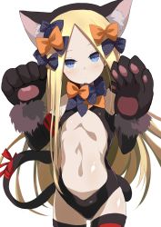 Rule 34 | 1girl, abigail williams (fate), absurdres, animal ears, animal hands, arms up, bad id, bad twitter id, black gloves, black leotard, black thighhighs, blonde hair, blue eyes, bow, cat ears, cat tail, center opening, cosplay, cowboy shot, dangeroes beast (illya), expressionless, fake animal ears, fate/grand order, fate/kaleid liner prisma illya, fate (series), flat chest, gloves, hair bow, hairband, highres, illyasviel von einzbern, illyasviel von einzbern (cosplay), leotard, long hair, official alternate costume, paw gloves, paw pose, revealing clothes, ribbon, shimejinameko, solo, tail, thighhighs, upper body, very long hair