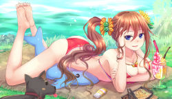 Rule 34 | 1girl, ass, barefoot, bento, bikini, blue eyes, blush, breast press, breasts, brown hair, butt crack, cleavage, collarbone, dog, eyelashes, feet, feet together, flower, food, hair bobbles, hair flower, hair ornament, halterneck, highres, ice cream, jewelry, knees apart feet together, large breasts, long hair, looking at viewer, lotion, lying, necklace, on stomach, original, parted lips, red bikini, side ponytail, smile, soles, solo, string bikini, stuffed animal, stuffed toy, suikakitsu shiro, sunscreen, swimsuit, the pose, toes, water, xia you qing, yakisoba