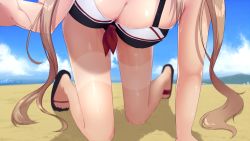 Rule 34 | 10s, 1girl, adapted costume, all fours, bad anatomy, beach, bikini, breasts, cleavage, cloud, day, faceless, head out of frame, kantai collection, kneeling, large breasts, light brown hair, long hair, murasame (kancolle), ocean, ohiya, outdoors, pleated skirt, sand, sandals, selfie, shiny skin, skindentation, skirt, sky, solo, swimsuit, tan, tanline, thighs, twintails, very long hair, water, wet
