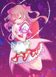 Rule 34 | 1girl, animal, apron, artist name, back bow, barefoot, bow, closed eyes, closed mouth, commentary, cure precious, delicious party precure, dress, earrings, floating, hair ribbon, heart, henshin, highres, holding, holding animal, jewelry, kome-kome (precure), large bow, legs up, light trail, long hair, magical girl, medium dress, miisu (minirose), nagomi yui, pink dress, precure, red bow, ribbon, signature, smile, solo, sparkle, two side up, waist apron