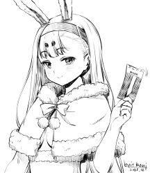 Rule 34 | 1girl, animal ears, azur lane, bow hairband, capelet, closed mouth, commentary, fur-trimmed capelet, fur trim, greyscale, hairband, holding ticket, looking at viewer, monochrome, rabbit ears, rabbit girl, shimakaze (azur lane), solo, umyonge (lkakeu)