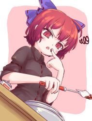 Rule 34 | 1girl, :o, black shirt, blush, bow, bowl, chocolate on hand, dutch angle, finger to mouth, food on hand, hair bow, isu (is88), looking down, open mouth, pink background, purple bow, red eyes, red hair, ribbon-trimmed bow, sekibanki, shirt, short hair, simple background, sleeves past elbows, sleeves pushed up, solo, spatula, table, touhou, upper body, v-shaped eyebrows