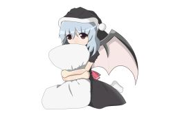 Rule 34 | 1girl, alternate costume, female focus, hat, highres, hugging object, pillow, pillow hug, remilia scarlet, simple background, solo, touhou, white background, wings
