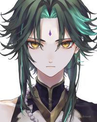 Rule 34 | 1boy, aqua hair, bead necklace, beads, black hair, closed mouth, eyeshadow, genshin impact, gradient hair, green hair, highres, jewelry, looking at viewer, makeup, male focus, multicolored hair, necklace, portrait, red eyeshadow, shiraishi (siraisi00), simple background, solo, twitter username, white background, xiao (genshin impact), yellow eyes