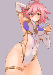 Rule 34 | 1girl, absurdres, blush, breasts, deekei, highres, impossible clothes, large breasts, leotard, looking at viewer, looking down, pink hair, skin tight, solo, thighs, tohno amane (deekei)