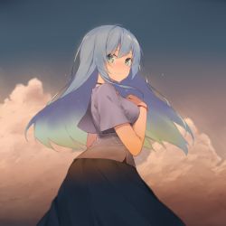 Rule 34 | 1girl, ahoge, black skirt, blouse, blue eyes, blue hair, blue sky, blush, breasts, closed mouth, cloud, cloudy sky, crying, crying with eyes open, day, fhang, from side, gradient hair, green hair, grey shirt, hair between eyes, hand on own chest, hand up, highres, long hair, looking at viewer, looking to the side, medium breasts, multicolored hair, nose blush, original, outdoors, shirt, skirt, sky, smile, solo, star (sky), starry sky, tears, very long hair