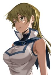 Rule 34 | 1girl, black vest, blonde hair, blue sailor collar, breasts, brown eyes, closed mouth, duel academy uniform (yu-gi-oh! gx), frown, hair between eyes, highres, jacket, large breasts, long hair, rourou ill, sailor collar, simple background, sleeveless, sleeveless jacket, solo, straight hair, sweater, tenjouin asuka, turtleneck, turtleneck sweater, upper body, vest, white background, white jacket, yu-gi-oh!, yu-gi-oh! gx