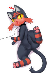 Rule 34 | 1girl, animal ears, animal hands, blush, cat ears, cat tail, cleft of venus, collar, colored sclera, creatures (company), feet, female focus, full body, furry, furry female, game freak, gen 7 pokemon, heart, highres, leash, leg lift, litten, looking at viewer, lying, nintendo, on back, open mouth, pokemon, pokemon (creature), pokemon sm, presenting, pussy, red eyes, simple background, solo, spread legs, tail, tears, uncensored, white background, wolflong, yellow sclera