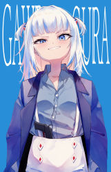 Rule 34 | 200f (nifu), absurdres, blouse, blue background, blue coat, blue eyes, blue hair, blue shirt, blue theme, blunt bangs, breasts, buttons, character name, coat, collarbone, collared shirt, commentary, dress shirt, english commentary, gawr gura, grin, gun, hair ornament, half-closed eyes, highres, hololive, hololive english, long hair, medium breasts, medium hair, midriff, multicolored hair, oversized clothes, pants, q (hololive), red theme, red wine, shark hair ornament, sharp teeth, shirt, small breasts, smile, straight-on, streaked hair, suspenders, teeth, tsurime, two side up, virtual youtuber, weapon, white hair, white pants, wing collar