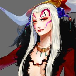 Rule 34 | 1girl, breasts, closed mouth, dress, facial mark, final fantasy, final fantasy viii, horns, jewelry, lipstick, long hair, looking at viewer, makeup, necklace, nini tw99, pointy ears, silver hair, simple background, solo, ultimecia, yellow eyes