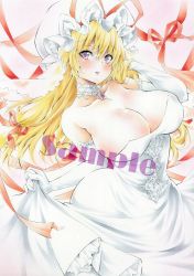 Rule 34 | 1girl, arim0k0, blonde hair, breasts, bride, cleavage, clothes lift, dress, dress lift, elbow gloves, gloves, hat, highres, huge breasts, lifting own clothes, long hair, looking at viewer, mob cap, purple eyes, sample watermark, solo, touhou, traditional media, watermark, wedding dress, white background, white dress, white gloves, white hat, yakumo yukari