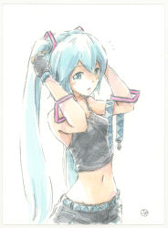 Rule 34 | 1girl, :o, aqua eyes, aqua hair, bangle, belt, unworn belt, black shirt, black skirt, bracelet, commentary, crop top, epoxy putty, fingerless gloves, gloves, hair ornament, hands in hair, hands up, hatsune miku, jewelry, long hair, looking at viewer, midriff, navel, notice lines, painting (medium), shirt, signature, skinny, skirt, solo, spaghetti strap, traditional media, twintails, upper body, very long hair, vocaloid, watercolor (medium), white background