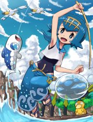 Rule 34 | 1girl, :d, araquanid, arm up, armpits, baggy pants, bare arms, blue eyes, blue hair, blue sky, cloud, cloudy sky, covered navel, creatures (company), day, dewpider, feet, fishing rod, flip-flops, full body, game freak, gen 1 pokemon, gen 3 pokemon, gen 7 pokemon, hairband, lana (pokemon), nintendo, one-piece swimsuit, open mouth, outdoors, pants, pokemoa, pokemon, pokemon (creature), pokemon sm, psyduck, sandals, shirt, short hair, sky, sleeveless, sleeveless shirt, slippers, smile, swimsuit, swimsuit under clothes, trial captain, water, wingull, wishiwashi, wishiwashi (solo)