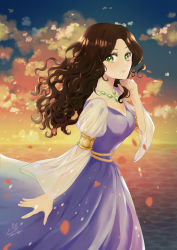Rule 34 | 1girl, absurdres, armlet, artist name, breasts, brown hair, cleavage, cloud, copyright request, cover, cover page, dress, gradient sky, green eyes, hand up, highres, jewelry, korean commentary, long hair, long sleeves, looking at viewer, md5 mismatch, medium breasts, necklace, ocean, official art, outdoors, purple dress, resolution mismatch, see-through, senatype, sky, source smaller, twilight, water, wavy hair