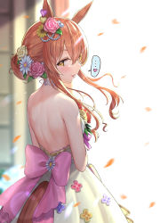 Rule 34 | 1girl, animal ears, back, back focus, bare back, bare shoulders, blush, bouquet, bride, brown eyes, choker, commentary request, dress, flower, from behind, hair bun, hair flower, hair ornament, highres, holding, holding bouquet, horse ears, horse girl, horse tail, long hair, looking at viewer, looking back, matanonki, mayano top gun (sunlight bouquet) (umamusume), mayano top gun (umamusume), naughty face, open mouth, orange hair, shoulder blades, sidelocks, single hair bun, smile, solo, standing, strapless, strapless dress, tail, tongue, tongue out, umamusume, wedding dress, white choker, white dress