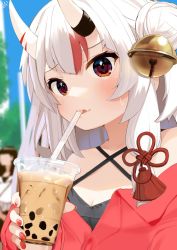 Rule 34 | 2girls, alternate costume, bell, breasts, bubble tea, cleavage, cup, disposable cup, drinking, drinking straw, drinking straw in mouth, hair bell, hair ornament, hair ribbon, highres, holding, holding cup, hololive, horns, jingle bell, light blush, long hair, looking at viewer, medium breasts, multicolored hair, multiple girls, nakiri ayame, nejime, oni, outdoors, red eyes, red hair, ribbon, signature, silver hair, skin-covered horns, solo focus, streaked hair, sweatdrop, tress ribbon, two-tone hair, upper body, virtual youtuber