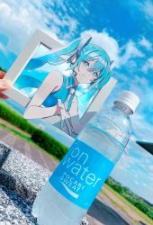 Rule 34 | 1girl, bare arms, blue eyes, blue hair, blue shirt, bottle, commentary, framed, hair ribbon, hatsune miku, headphones, headset, highres, long hair, marker (medium), microphone, necktie, paper child, paper cutout, pato (ptro), photo background, pocari sweat, ribbon, shirt, sleeveless, sleeveless shirt, solo, traditional media, twintails, very long hair, vocaloid, white necktie, white ribbon