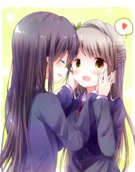Rule 34 | 10s, 2girls, bad id, bad pixiv id, black hair, blazer, blush, bow, brown eyes, brown hair, closed eyes, empty eyes, green bow, hair bow, hand grab, hands on another&#039;s cheeks, hands on another&#039;s face, heart, highres, holding own arm, jacket, long hair, long sleeves, love live!, love live! school idol project, minami kotori, multiple girls, open mouth, sakuyunomi, school uniform, sonoda umi, spoken heart, upper body, yuri