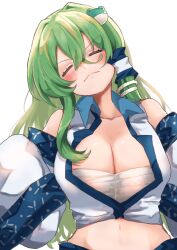 Rule 34 | 1girl, breasts, cleavage, closed eyes, closed mouth, detached sleeves, frog hair ornament, furrowed brow, green hair, hair ornament, highres, kochiya sanae, large breasts, long hair, long sleeves, navel, nontraditional miko, sketch, solo, touhou, uchisaki himari, white background