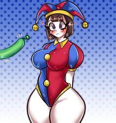Rule 34 | 1girl, absurdres, alternate breast size, arms behind back, balloon, blue background, blue eyes, blush, breasts, gradient background, highres, jester, large breasts, pomni (the amazing digital circus), red eyes, spooky doom, suggestive, the amazing digital circus, thighs, two-tone eyes