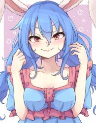 Rule 34 | 1girl, animal ears, blue hair, breasts, closed mouth, collarbone, commentary request, hair between eyes, highres, looking at viewer, low twintails, medium breasts, neko mata, purple background, rabbit ears, rabbit girl, red eyes, seiran (touhou), short sleeves, smile, solo, touhou, twintails, upper body