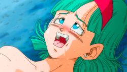 Rule 34 | 1girl, blue eyes, blunt bangs, blush, bulma, dragon ball, dragonball z, drooling, earrings, female focus, female orgasm, grass, green hair, hairband, half-closed eyes, head only, jewelry, looking up, lying, nude, open mouth, orgasm, outdoors, raised eyebrows, red hairband, saliva, short hair, solo, stud earrings, sweat, teeth, tongue, upper body, upper teeth only, yamamoto doujin