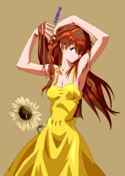 Rule 34 | 1girl, absurdres, alternate breast size, alternate hairstyle, artist request, braid, breasts, brown hair, choker, cleavage, comb, dress, female focus, flower, glowing, highres, lips, long hair, neon genesis evangelion, shiny clothes, shiny skin, smile, solo, souryuu asuka langley, standing, sundress, sunflower, thighs, yellow dress