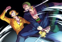 Rule 34 | 2boys, blonde hair, commentary request, facial hair, hair over one eye, highres, holding, holding weapon, incoming attack, jumping, katana, male focus, mouth hold, multiple boys, one piece, open clothes, open shirt, roronoa zoro, sanji (one piece), short hair, simple background, smile, sorase (srsrs 000), sword, teeth, teeth hold, weapon