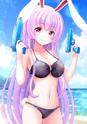 Rule 34 | 1girl, absurdres, alternate costume, animal ears, bare shoulders, beach, bikini, black bikini, blue sky, blush, breasts, cleavage, closed mouth, cloud, cloudy sky, collarbone, commentary request, cowboy shot, day, eyes visible through hair, finger on trigger, gun, hands up, highres, holding, holding water gun, holding weapon, horizon, large breasts, lens flare, light purple hair, long hair, looking at viewer, medium breasts, mountain, navel, o-ring, o-ring bikini, o-ring top, ocean, outdoors, purple hair, rabbit ears, rabbit tail, red eyes, reimei (r758120518), reisen udongein inaba, sand, sky, smile, solo, standing, stomach, swimsuit, tail, touhou, very long hair, water, water gun, weapon