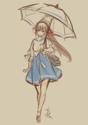 Rule 34 | 1girl, brown eyes, brown hair, closed mouth, dress, full body, hair ribbon, high ponytail, holding, holding umbrella, long hair, looking at viewer, misono mitama, pink ribbon, ponytail, ribbon, saionji reimi, simple background, smile, solo, star ocean, star ocean the last hope, umbrella